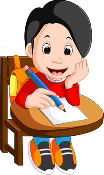 Happy schoolboy writing in class vector