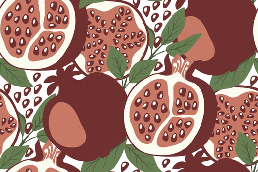 Vector seamless pattern with pomegranates, seeds and leaves.