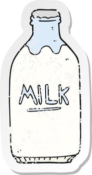 retro distressed sticker of a cartoon milk bottle vector