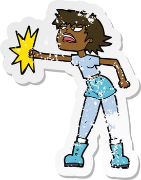 retro distressed sticker of a cartoon woman punching vector