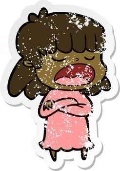 distressed sticker of a cartoon woman talking loudly vector