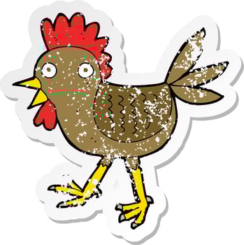 retro distressed sticker of a funny cartoon chicken vector