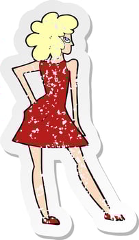 retro distressed sticker of a cartoon woman posing in dress vector
