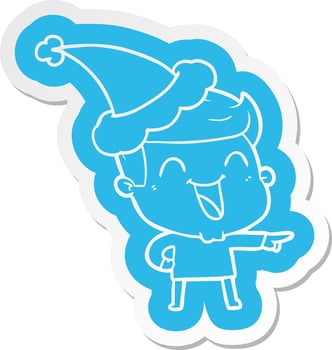 cartoon  sticker of a man laughing wearing santa hat vector