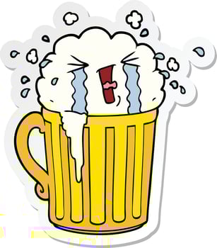 sticker of a cartoon mug of beer crying vector