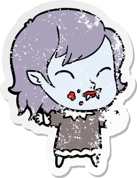distressed sticker of a cartoon vampire girl with blood on cheek vector