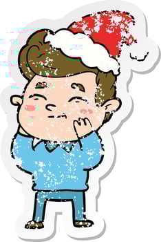 happy distressed sticker cartoon of a man wearing santa hat vector