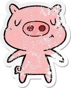 distressed sticker of a cartoon content pig vector