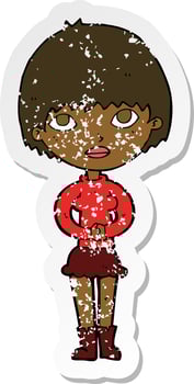 retro distressed sticker of a cartoon woman waiting patiently vector