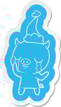 cartoon  sticker of a pig crying wearing santa hat vector
