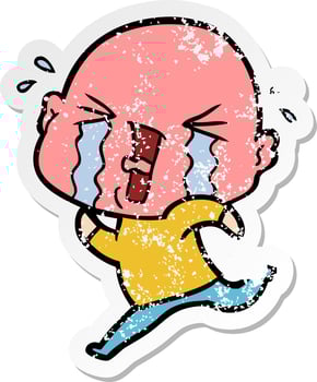 distressed sticker of a cartoon crying bald man vector