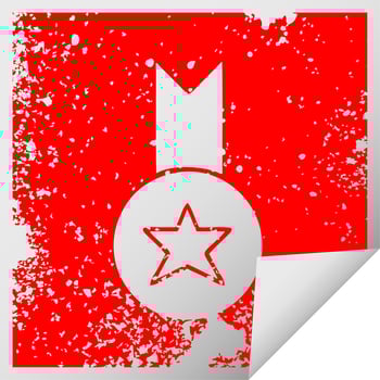 distressed square peeling sticker symbol gold medal vector
