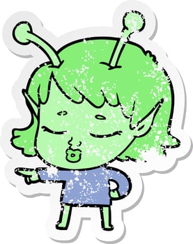 distressed sticker of a cute alien girl cartoon pointing vector