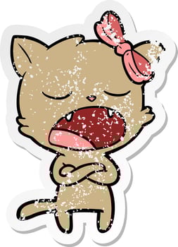 distressed sticker of a annoyed cartoon cat vector
