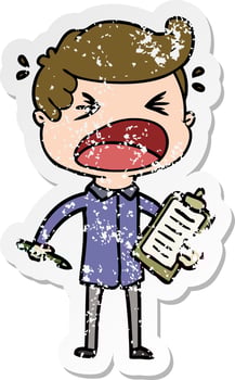 distressed sticker of a cartoon shouting salesman vector