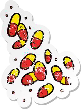 retro distressed sticker of a cartoon medical pills vector
