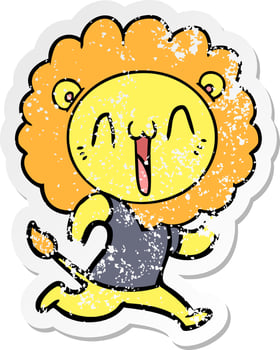 distressed sticker of a happy cartoon lion vector