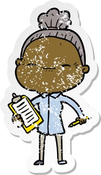 distressed sticker of a cartoon peaceful old woman vector
