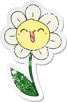 distressed sticker of a quirky hand drawn cartoon happy flower vector