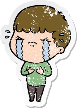 distressed sticker of a cartoon man crying vector