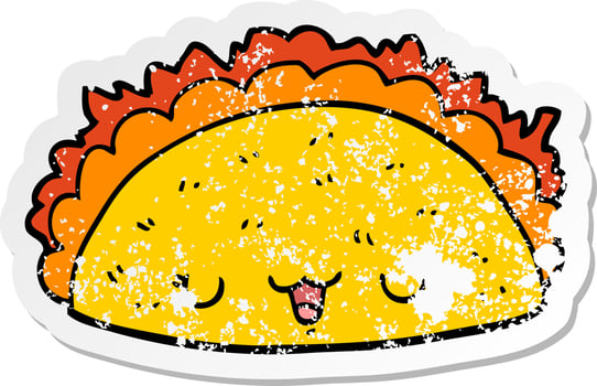 distressed sticker of a cartoon taco vector