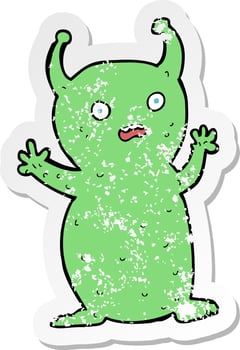 retro distressed sticker of a cartoon funny little alien vector