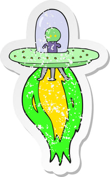 retro distressed sticker of a cartoon flying saucer vector