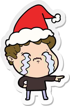sticker cartoon of a man crying wearing santa hat vector