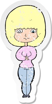 retro distressed sticker of a cartoon shy woman vector