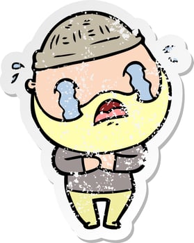 distressed sticker of a cartoon bearded man crying vector
