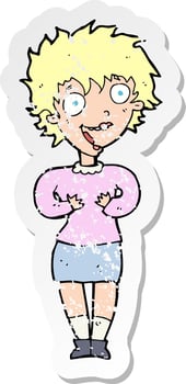 retro distressed sticker of a cartoon excited woman vector