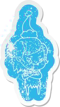 cartoon distressed sticker of a friendly vampire girl wearing santa hat vector