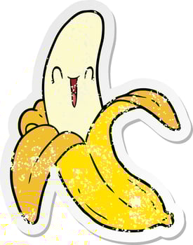 distressed sticker of a cartoon crazy happy banana vector