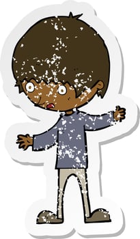retro distressed sticker of a cartoon boy with outstretched arms vector