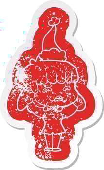 cartoon distressed sticker of a worried woman wearing santa hat vector