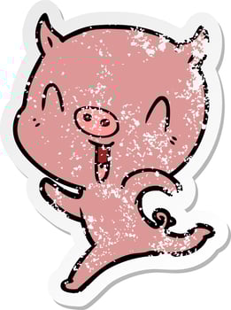 distressed sticker of a happy cartoon pig running vector