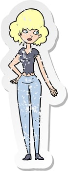retro distressed sticker of a cartoon pretty woman vector