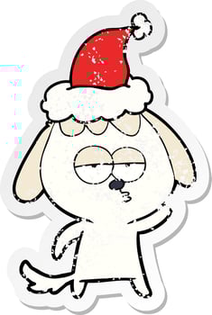 distressed sticker cartoon of a bored dog wearing santa hat vector