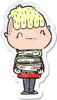 distressed sticker of a cartoon friendly boy with books vector