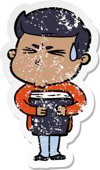 distressed sticker of a cartoon man sweating vector