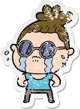 distressed sticker of a cartoon crying woman wearing sunglasses vector