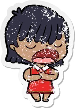 distressed sticker of a cartoon woman talking loudly vector