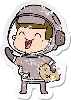 distressed sticker of a happy cartoon astronaut vector