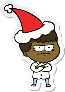 sticker cartoon of an annoyed man wearing santa hat vector