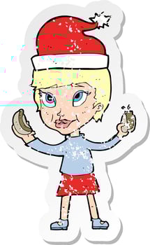 retro distressed sticker of a cartoon woman eating hotdog vector