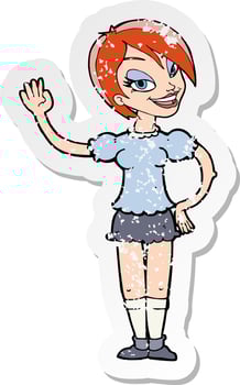 retro distressed sticker of a cartoon waving woman vector