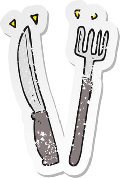 retro distressed sticker of a cartoon knife and fork vector