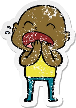 distressed sticker of a cartoon shouting bald man vector