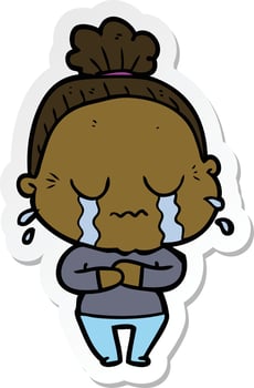 sticker of a cartoon crying old lady vector