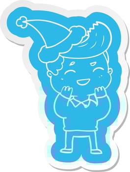 cartoon  sticker of a man laughing wearing santa hat vector